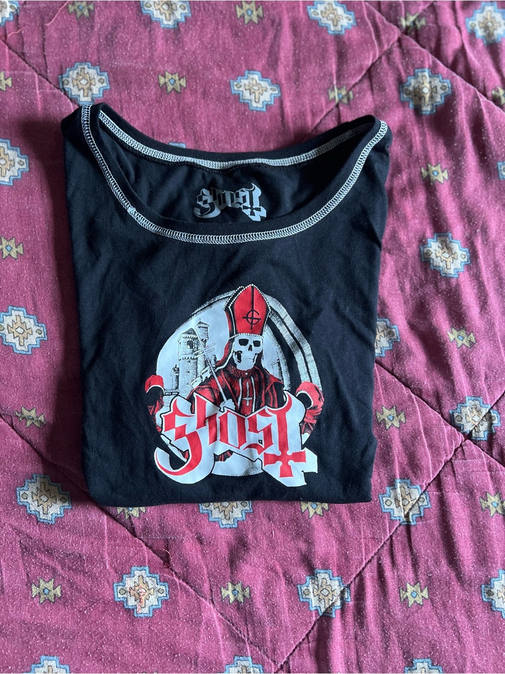 Ghost Band Logo Black Graphic Tee with Red & White Print